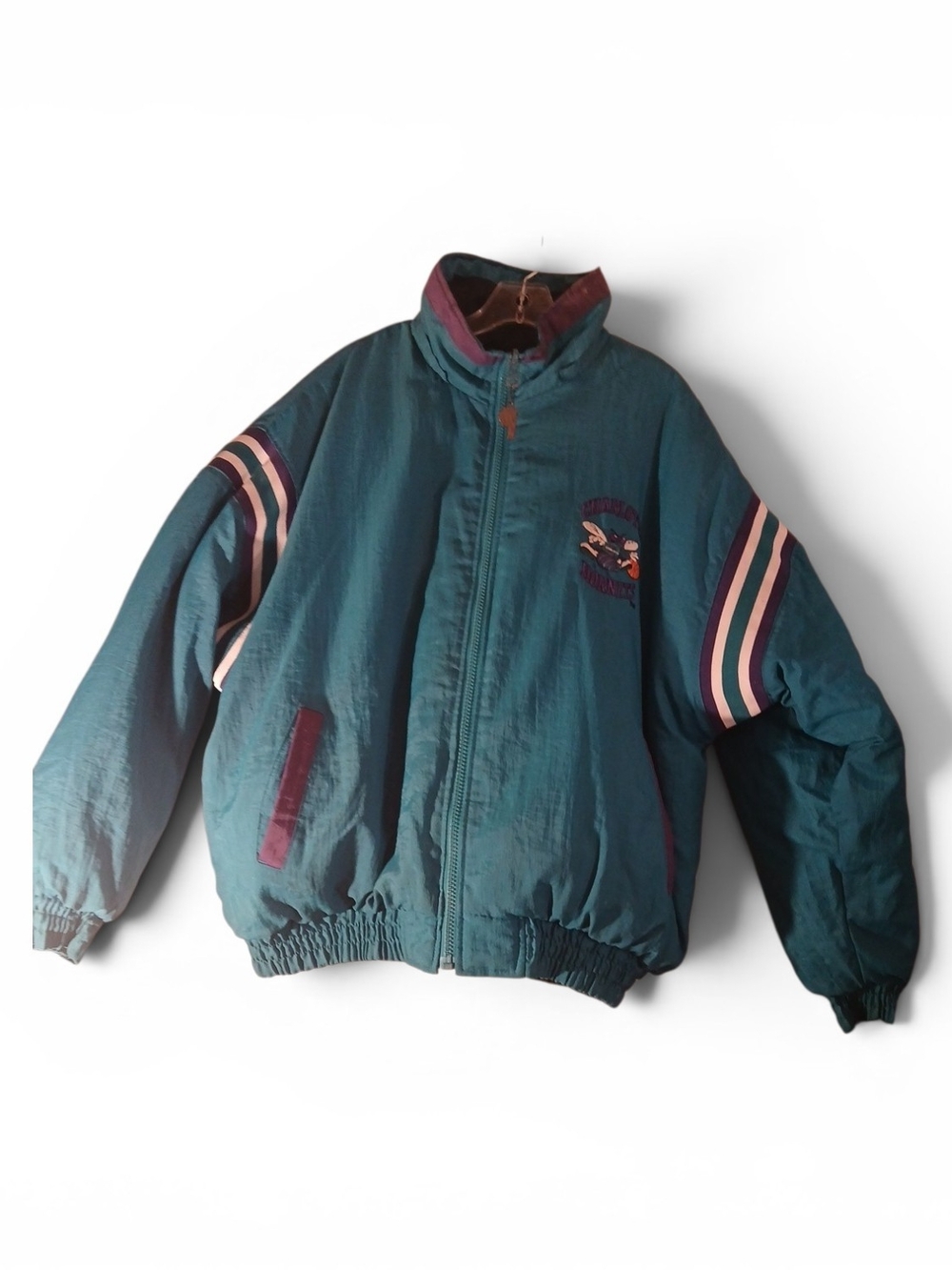 Vtg Charlotte Hornets Mascot Reversible  Full Zip Teal/Blk Nylon PufferJacket XL